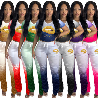 Fashion Gradient Color Lips Letter Printed Mini Top With Pleated Drawstring Trousers Plus Size Two P