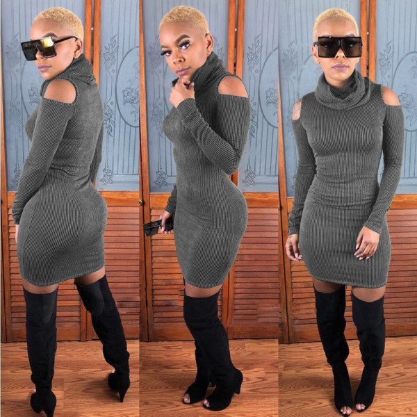 Newest Ribbed Cold-Shoulder Bodycon Dress SDD9059