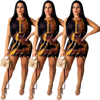 Female Sleeveless Pleated Printing Dress For Wholesale JH115