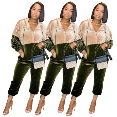 Wholesale Contrast Color Velvet Outfits Hooded Coat Slinky Pants A8502