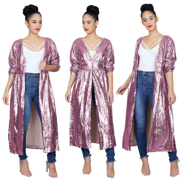Eye-Catching Sequin Women Leisure Long Style Coat TRS866