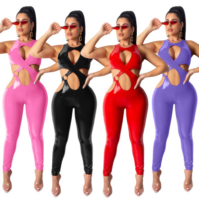 Crossover Vest Plain Color Thickened PU Leather Slim Jumpsuit QZ4546