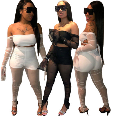 Off Shoulder Flared Sleeve Top See Through Pleated Pants Sexy Sets DN8342
