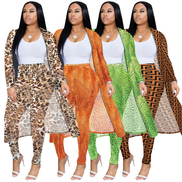 Leopard print long coat with two sets of nightclubs YM8479