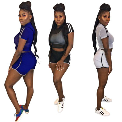 Women Suits Perspective Hooded Mesh Top Sport Shorts DN8218