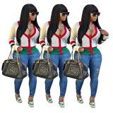 Striped Botton Pockets Knitting Tops JH067