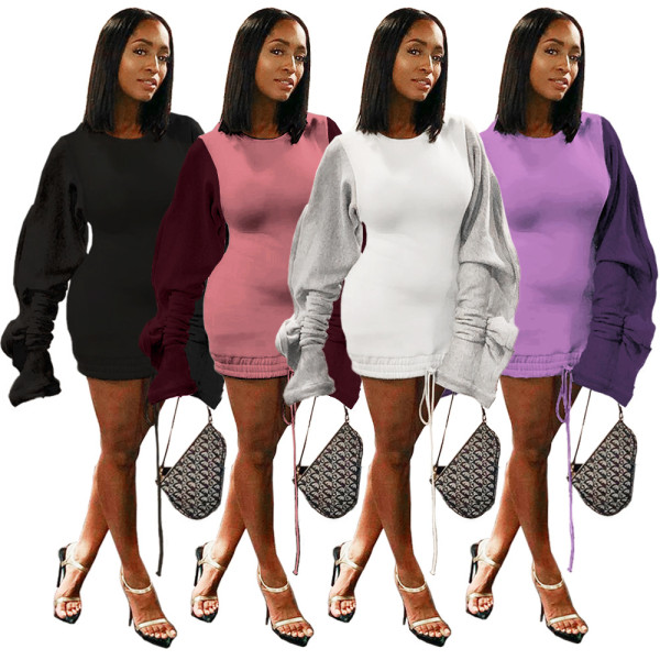 Hot Sale Thick Contrast Color Pleated Sleeves Bodycon Dress GL6200