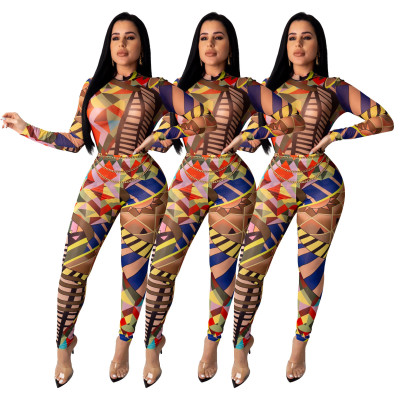 Long Sleeve Bodysuit Tight Pants Geometric Pattern Hot Suits SDD9209