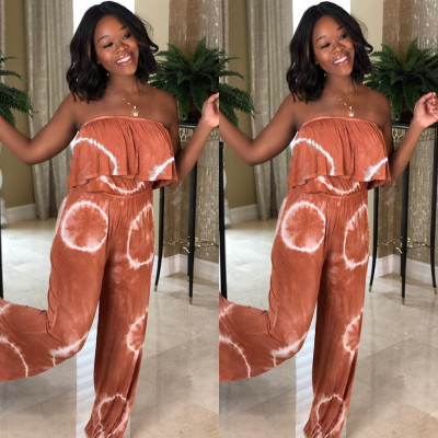 Print Strapless Ruffle Wide Leg Jumpsuits CY1075