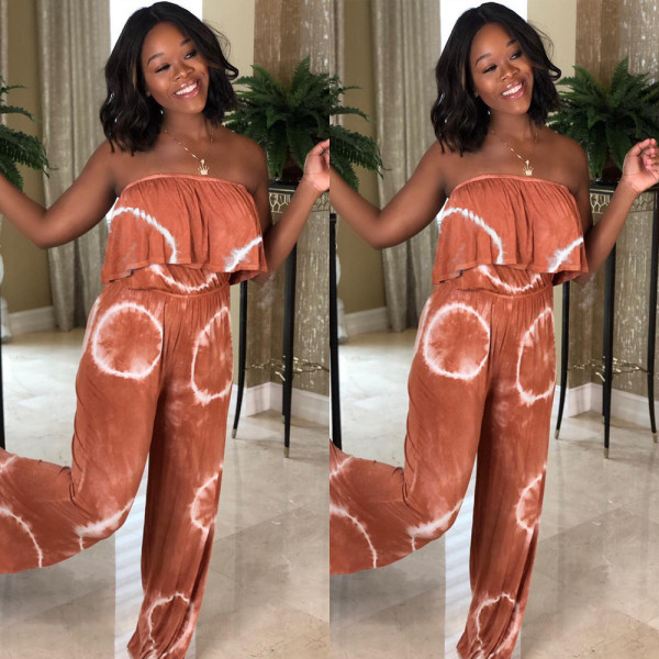 Print Strapless Ruffle Wide Leg Jumpsuits CY1075