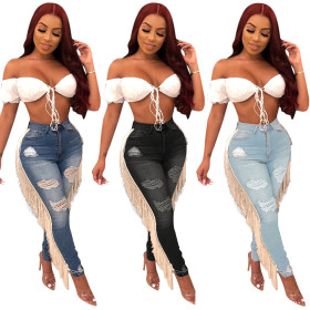 Casual Oversize Slit Pants Women Tassel Ripped Jeans SN3658