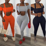 Sexy Knitting Solid Color Off Shoulder Backless Short Sleeves Mini Top With Trousers Two Piece Set F