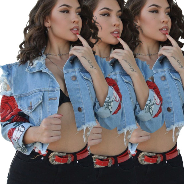 Fashionable Irregular Embroidered Hollow Out Ripped Denim Jackets LA3150