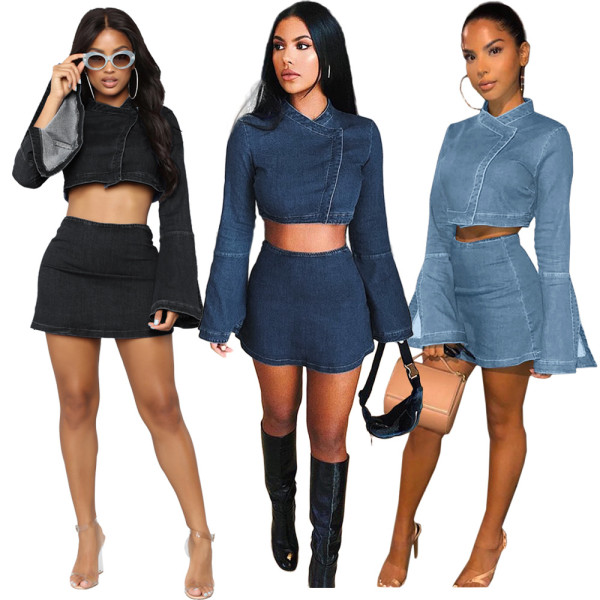 Nightclub two-piece flared sleeve zipper sexy button denim skirt suit GL6285