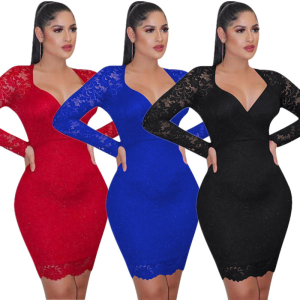 Women Pure Color V Neck Lace Patchwork Party Bodycon Dress HH8906