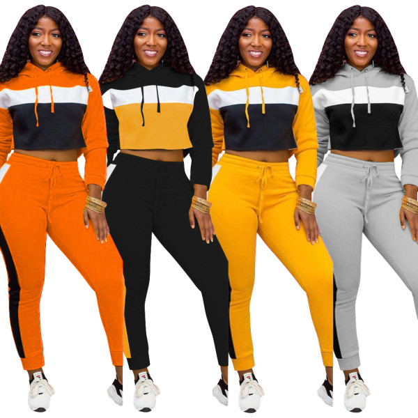 Newest Colors Patchwork Drawstring Sets Crop Hoodie Sport Pants CM620