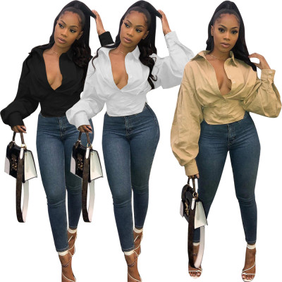 Fashion slim temperament solid color lantern sleeve shirt HM5370