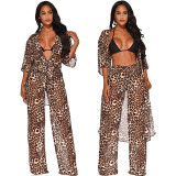 Leopard Print Mesh Sets Cardigan Coat Wide Leg Pants MY9508