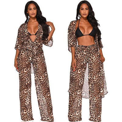 Leopard Print Mesh Sets Cardigan Coat Wide Leg Pants MY9508