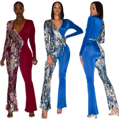 Newest Snake Print Patchwork V Collar Bandage Flares Jumpsuit S6182
