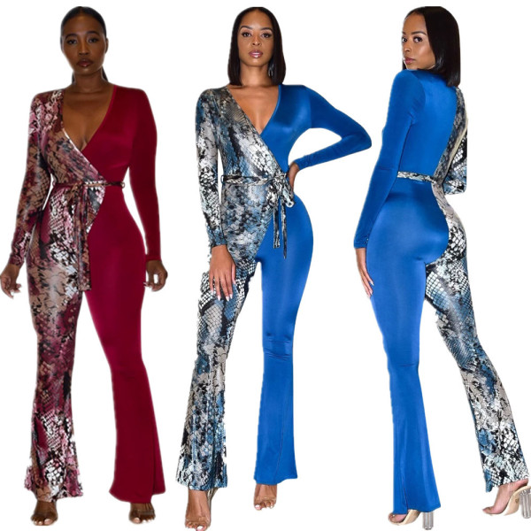Newest Snake Print Patchwork V Collar Bandage Flares Jumpsuit S6182