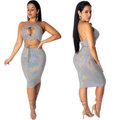 Bodycon Shiny Clubwear Sexy Backless Midi Dress KA7050