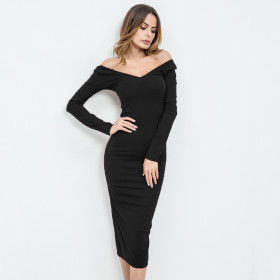 Deep V-neck wrapped chest quality pit long-sleeved slim hip dress D2896Z