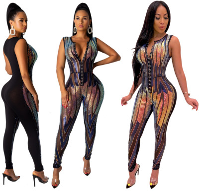 Euramerican Sequins Mature Women Sleeveless Jumpsuit QZ5249