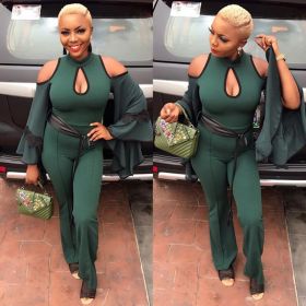 Trendy Solid Cold-Shoulder Flare Sleeve Tight Jumpsuit YS207