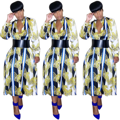 Long Sleeve Women Printed Button Down Leisure Dress FA7057