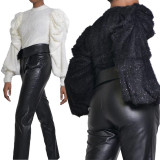 Female Pleated Bishop Sleeve Sweater Warm Solid Color Top DN8347
