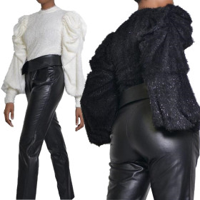 Female Pleated Bishop Sleeve Sweater Warm Solid Color Top DN8347