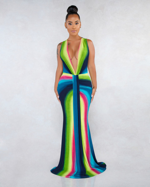 Sexy Hot Digital Printed V-Neck Dress SMR9200
