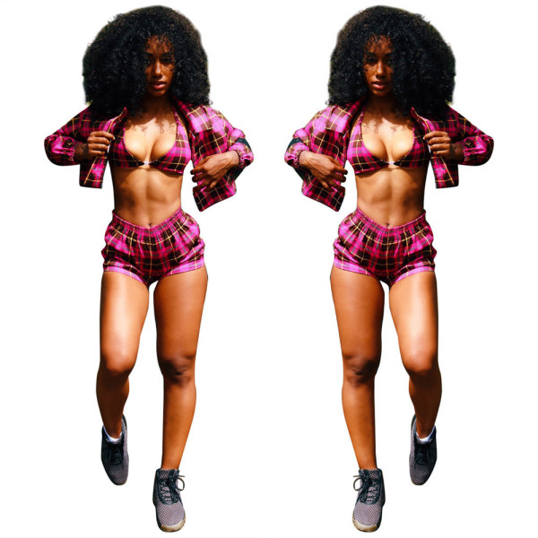 Women Sexy Bodycon Checks 3 Pieces Shorts Suits LS6233