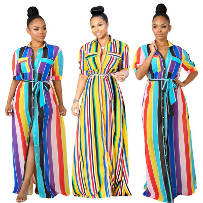 Fashion Women Colorful Shirt Short Sleeves Maxi Dress WMY028