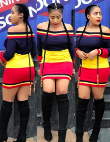 Stylish Color Patchwork Dew Shoulder Stripe Short Dress YMT6038