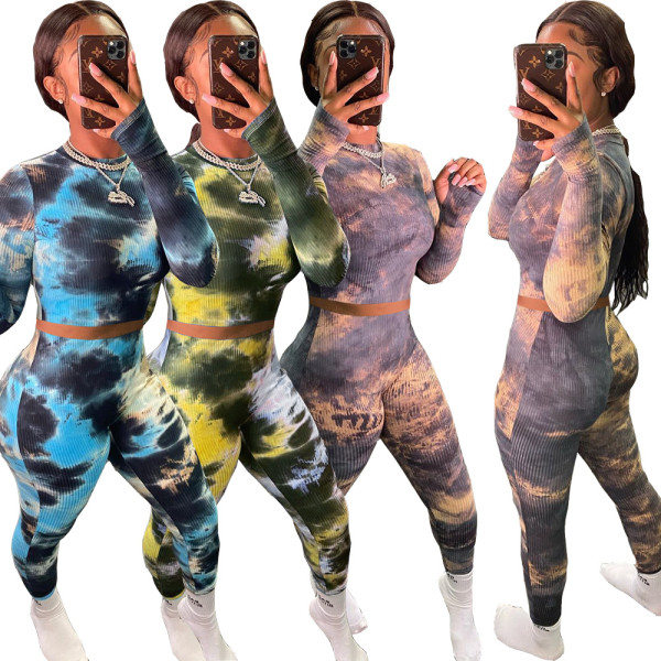 Fashion Tie Dye Printed Round Neck Long Sleeves Mini Top With Trousers Two Pieces Sets LY5889