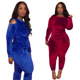 Velvet Cold Shoulder Beads Slim Warm Plain Color Long Outfits LMM8104