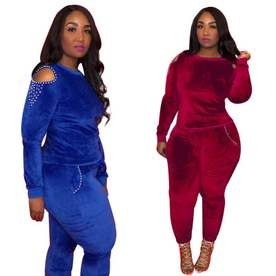 Velvet Cold Shoulder Beads Slim Warm Plain Color Long Outfits LMM8104