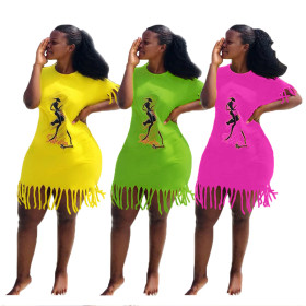 Fashion Ladies Tassel Short Sleeves Leisure Dress T3366H