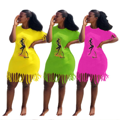 Fashion Ladies Tassel Short Sleeves Leisure Dress T3366H
