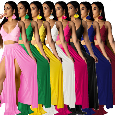 Sexy Solid Color Mini V-Neck Suspenders With Skirts 2 Pcs Dress Sets  FZB304302