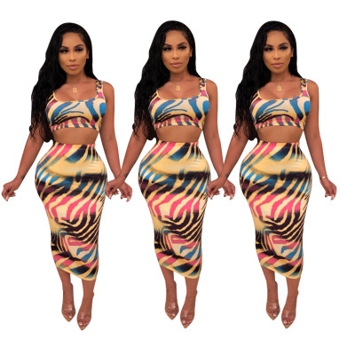 Fashion Printed Bodycon Ladies Sets Tank Top Wrap Skirt JH096
