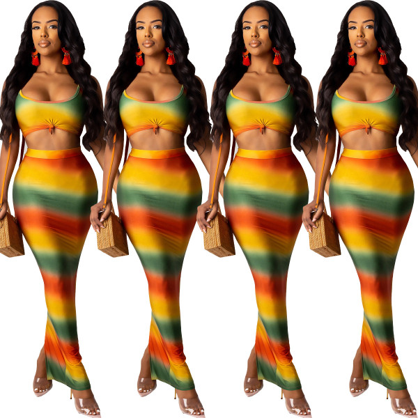 Tank Top Split Long Skirt Newest Gradient Bodycon Suits YY5074