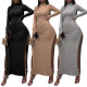 Ladies nightclub clothes sexy split pit strip windproof sleeves high collar solid color dress GL6296