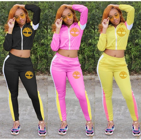 Running Female Two-Piece Colors Splicing Zipper Long Outfits QQ5157