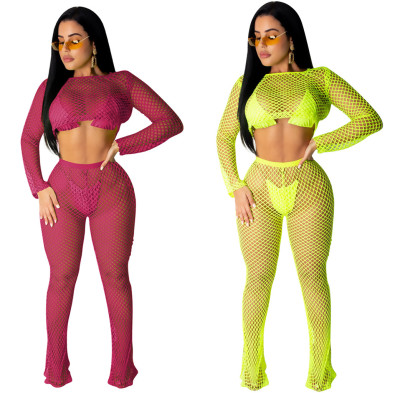 Mesh Plain Color Transparent Sexy Suits Crop Top Women Pants QQM3959