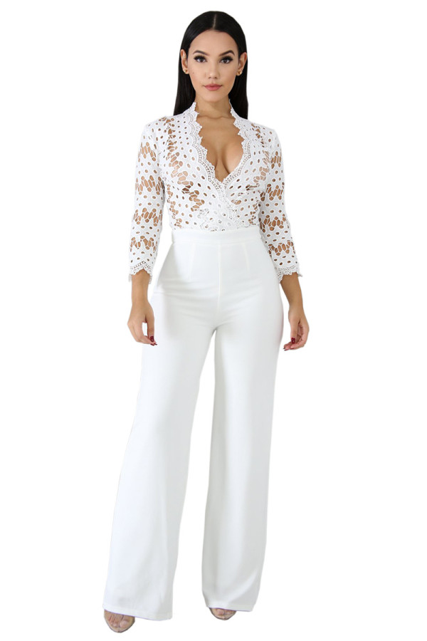 Fashion Solid Color Lace Patchwork Straight Jumpsuit CCY8007