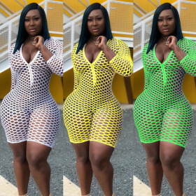 Hollow Out Sexy Bodycon Zip Up Short Jumpsuit K8774