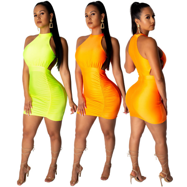 Cheap Bodycon Pure Color Sleeveless Pleated Dress ML7201